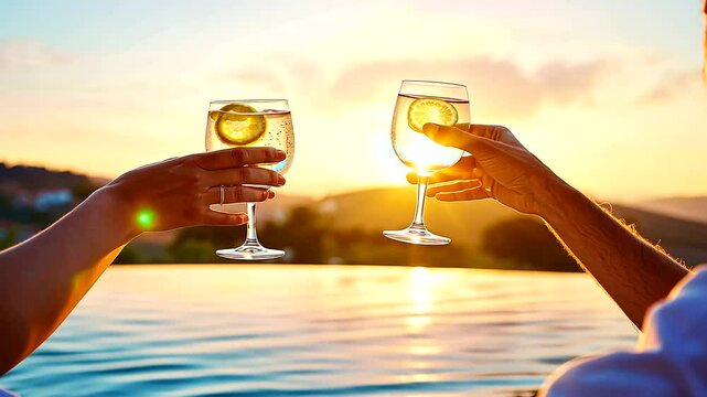 A joyful pair savoring drinks poolside as the sun sets.