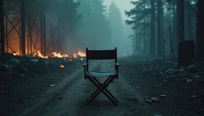 Empty director chair on dirt road in dark forest. Fire burns on background. Film set industry crisis, strike, post-apocalyptic scene. Gloomy, dark nature background. Film industry, cinema, theater