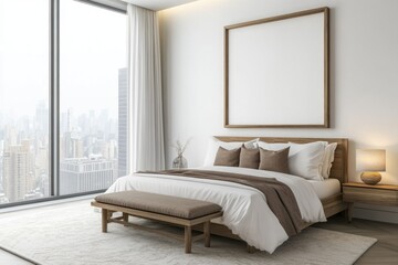 A bedroom with a city view and modern interior decor
