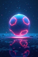 Naklejka premium A radiant and luminous neon-colored soccer ball floating on the blue expanse of a digital canvas with an ethereal atmosphere, sports, color, background