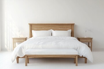 A simple minimalist bedroom with a wooden bed and furniture