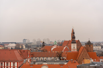 Scenic view of European city with historic red rooftops, church towers, and modern high-rise...