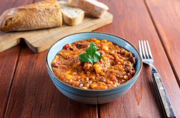 Chili con carne in a bowl