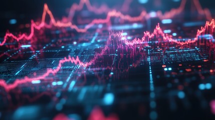 Abstract digital dynamic visualization of financial data with glowing pink and blue lines creating graphs over a circuit board background design template