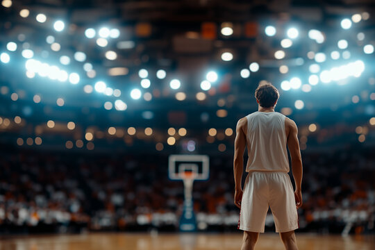 A striking portrait of a basketball player seen from behind, standing tall in an empty arena