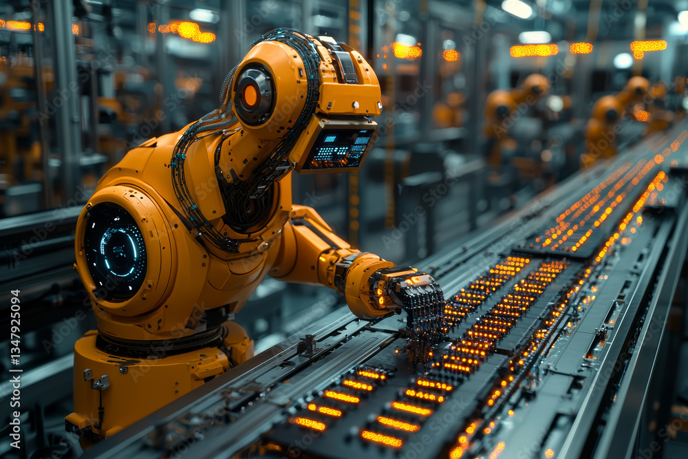 Poster ai robot arm assembling product components in sleek industrial factory setting. concept of automatio