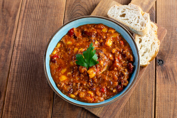 Chili con carne in a bowl