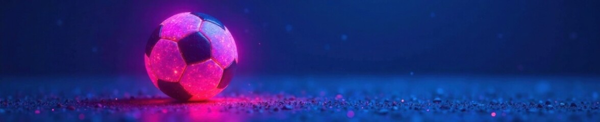 Fototapeta premium Abstract glowing neon colored soccer ball on blue ground, sphere, soccer ball, blue