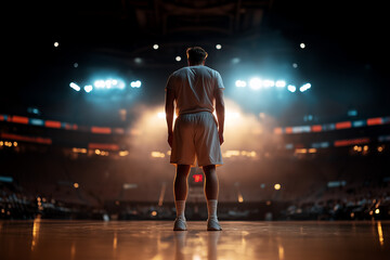 A striking portrait of a basketball player seen from behind, standing tall in an empty arena
