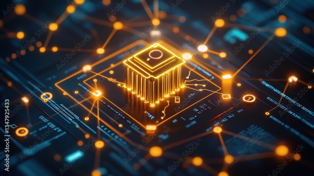 Poster stylized 3d rende of a glowing orange cube on a microchip circuit board symbolizing a data center wi