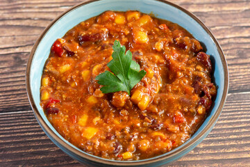 Chili con carne in a bowl