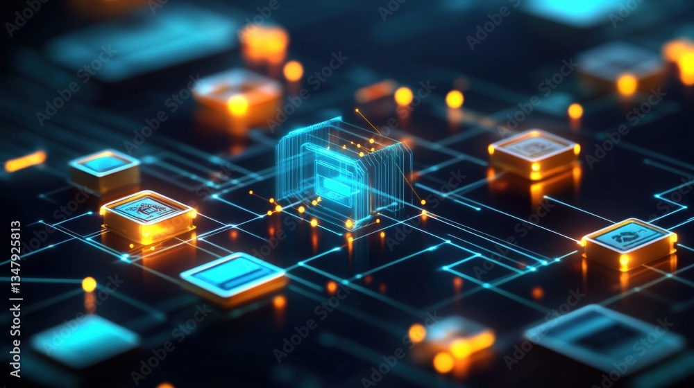Poster a glowing cube bitcoin symbol at the center of a high-tech circuit board with interconnected glowing