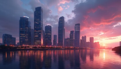Fototapeta premium City skyline at sunset. Modern skyscrapers, waterfront, city lights reflected in water. Urban development, business district, financial center. Buildings silhouette against colorful sky.