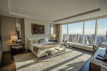 Modern bedroom with a large window overlooking a city skyline