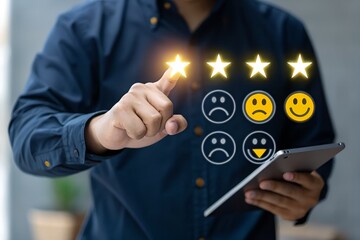 User give rating to service experience on online application for Customer review satisfaction feedback survey concept.