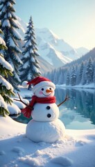 Fototapeta premium a happy snowman surrounded by snow-covered evergreens and a frozen lake, snow-covered mountains, snowy forest
