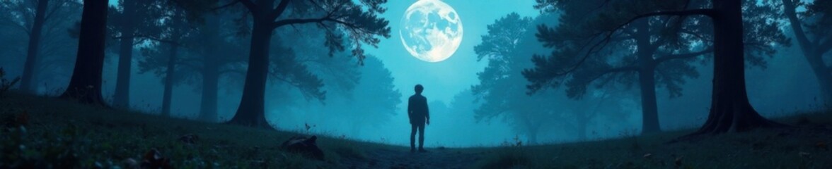 Fototapeta premium A lone figure stands at the edge of a forest bathed in eerie moonlight, abandoned, atmosphere