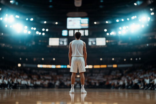 A striking portrait of a basketball player seen from behind, standing tall in an empty arena