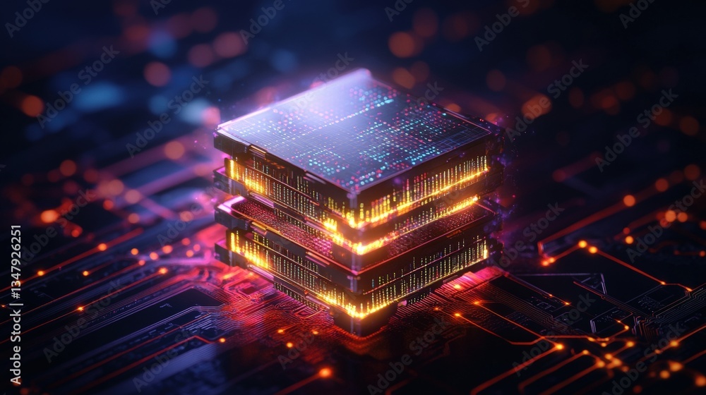 Poster futuristic glowing multi-layered computer processor chip resting on an intricate circuit board showc