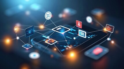 Digital illustration of a smartphone as a central hub featu interconnected data represented by glowing icons, lines, and a network of applications
