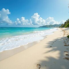 Obraz premium A serene beach with soft blue ocean waves and fluffy white sand stretching as far as the eye can see, calm atmosphere, beach view, horizon line