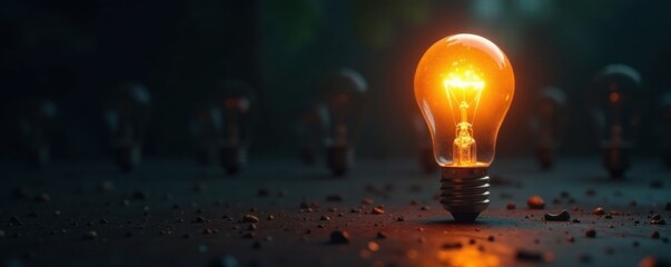 A single glowing light bulb in a row of extinguished ones, casting an eerie glow, shadows, isolation