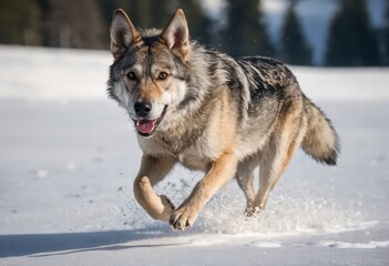 Naklejka premium Czechoslovakian Wolfdog running in the snowy mountains of czech during winter, in a cold and snow meadown, wild doggy in the natural ambient