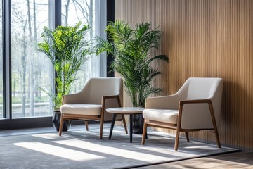 Modern waiting area with large windows and plants, interior design