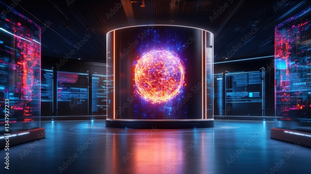 Aufkleber a futuristic server room featu a large cylindrical display of a vibrant glowing orb surrounded by sl