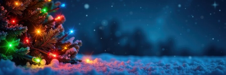 A vibrant arrangement of red green blue and yellow Christmas lights against a dark sky with twinkling stars on a clear frosty night , starry, night, festive