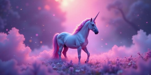 Naklejka premium A unicorn's horn shines with an ethereal glow in a soft lavender mist , unicorns, dreamy, fantasy