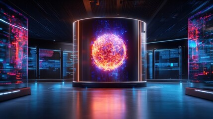 A Futuristic Server Room Featu a Large Cylindrical Display of a Vibrant Glowing Orb Surrounded by Sleek Glass-Fronted Server Racks and Data Points