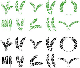 Wheats ears icon set and wheat design elements flat line vector collection isolated on transparent background. Harvest wheat grain, growth rice stalk and whole bread grains or field cereal nutritious.
