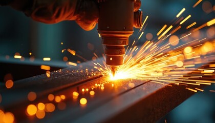 Industrial laser cuts metal pipe with bright sparks. Manufacturing process technology in workshop. Precision automation machinery. Production, engineering, construction, tool, machine, heat, energy,
