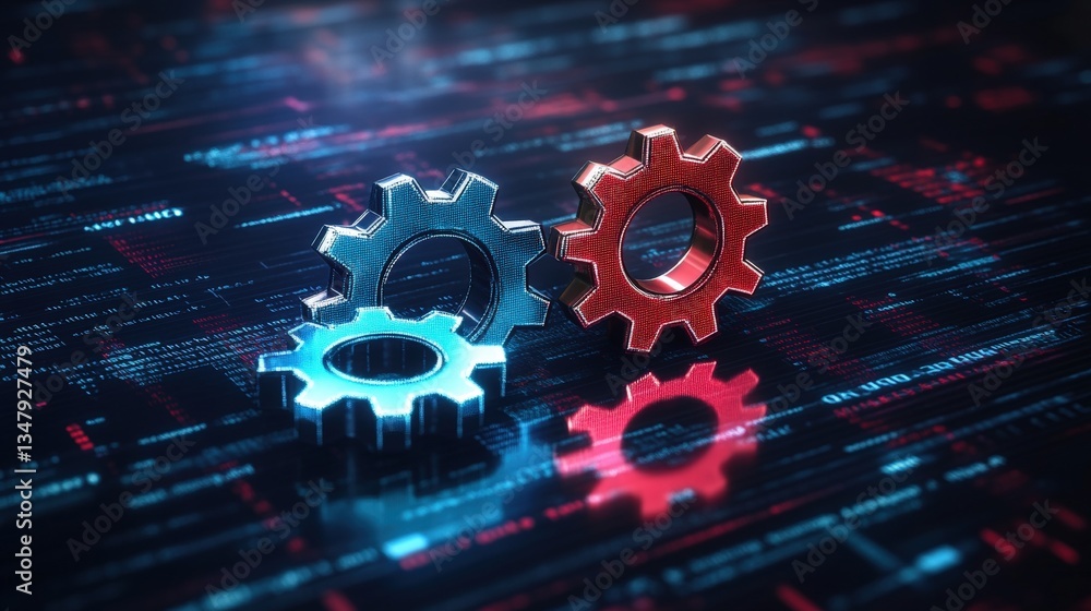 Poster three metallic interlocking gears in red and blue color on dark reflective surface showcasing digita