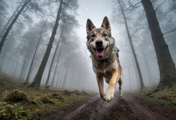 Czechoslovakian Wolfdog running in a forest of czech, during autumn, in a cold and wet ambient, wild doggy in the natural ambient