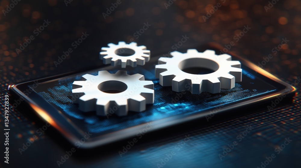 Poster three metallic gears of different sizes on a sleek dark tablet with a digital interface showcasing t