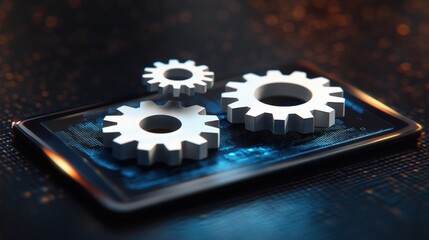 Three metallic gears of different sizes on a sleek dark tablet with a digital interface showcasing the intricacies of technology and digital processes