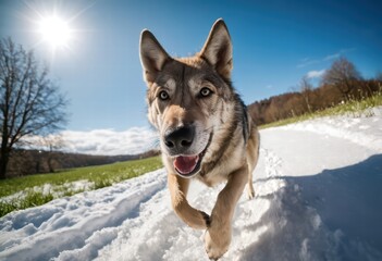 Naklejka premium Czechoslovakian Wolfdog running on green grass, snowy meadown, covered by snow, in a cold winter. wild dog in the wild nature on czech