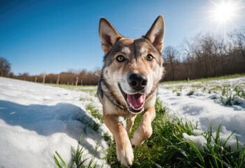 Naklejka premium Czechoslovakian Wolfdog running on green grass, snowy meadown, covered by snow, in a cold winter. wild dog in the wild nature on czech