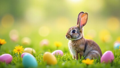 Bunny ears in a field of colorful flowers with scattered eggs, nature, grass, easter eggs