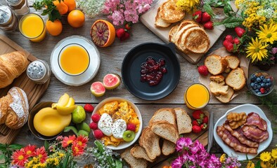 A delightful spring breakfast feast: Croissants, French toast, fruit, and bacon, adorned with vibrant flowers, creating a joyful and colorful culinary experience.