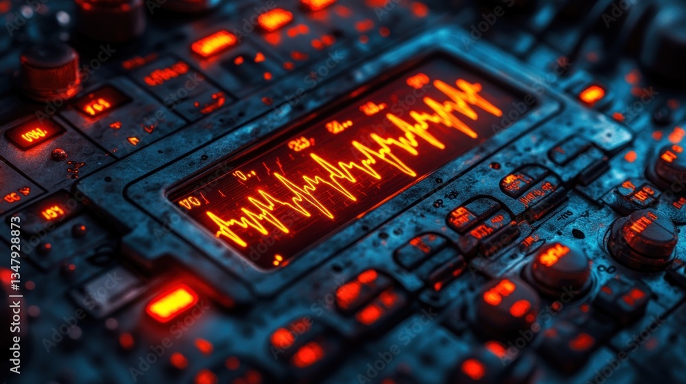 Poster futuristic control panel with glowing red waveforms