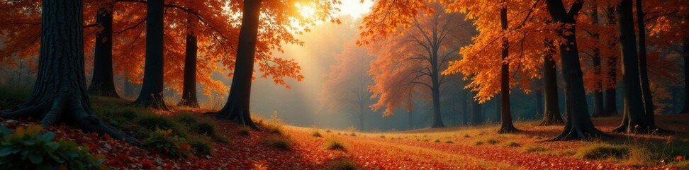 autumn forest landscape with dense foliage of deciduous trees, branches, nature, tree roots