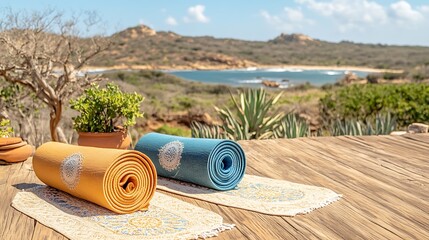 Yoga mats on deck overlooking ocean scene