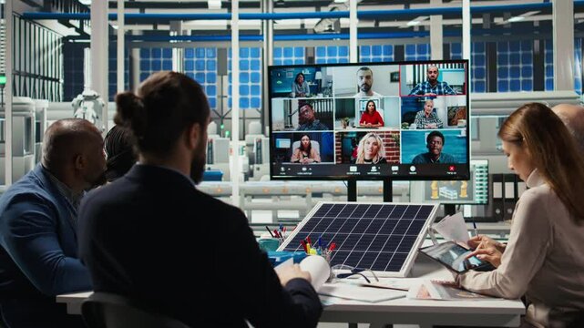 Photovoltaics plant researchers doing internet videocall, working on breakthroughs in durability. Factory research and development team in remote teleconference testing materials for solar panels