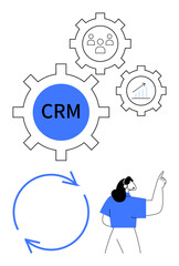 Rotating gears labeled CRM, user profile, and growth chart connected by arrows with a person pointing upward. Ideal for business, teamwork, technology, process, growth, analytics optimization