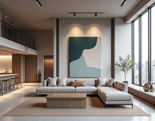 Stylish living room with minimalist decor and urban view