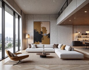 Elegant contemporary living room with urban view