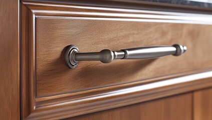 Obraz premium Elegant Brushed Nickel Drawer Pull on Rich Wood Cabinet